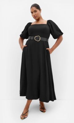 City Chic Women's Collins Puff Sleeve Belted Maxi Dress, Black, 26 W