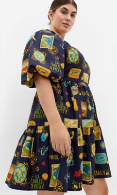 City Chic Women's Fantasy Berry Floral Print Puff Sleeve Mini Dress, Navy Blue, 18 W