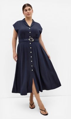 City Chic Liliyana Belted Linen Dress, Navy Blue, 26 W