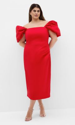 City Chic Women's Elyse Off Shoulder Midi Dress, Red, 26 W