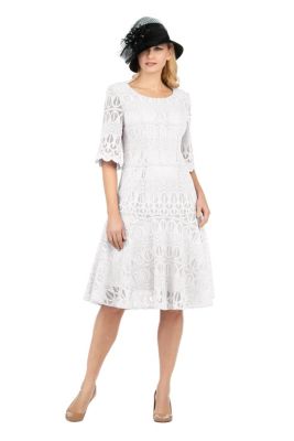 Giovanna Women's Embroidery Luxurious Lace Pleated Flare Dress, White, 18