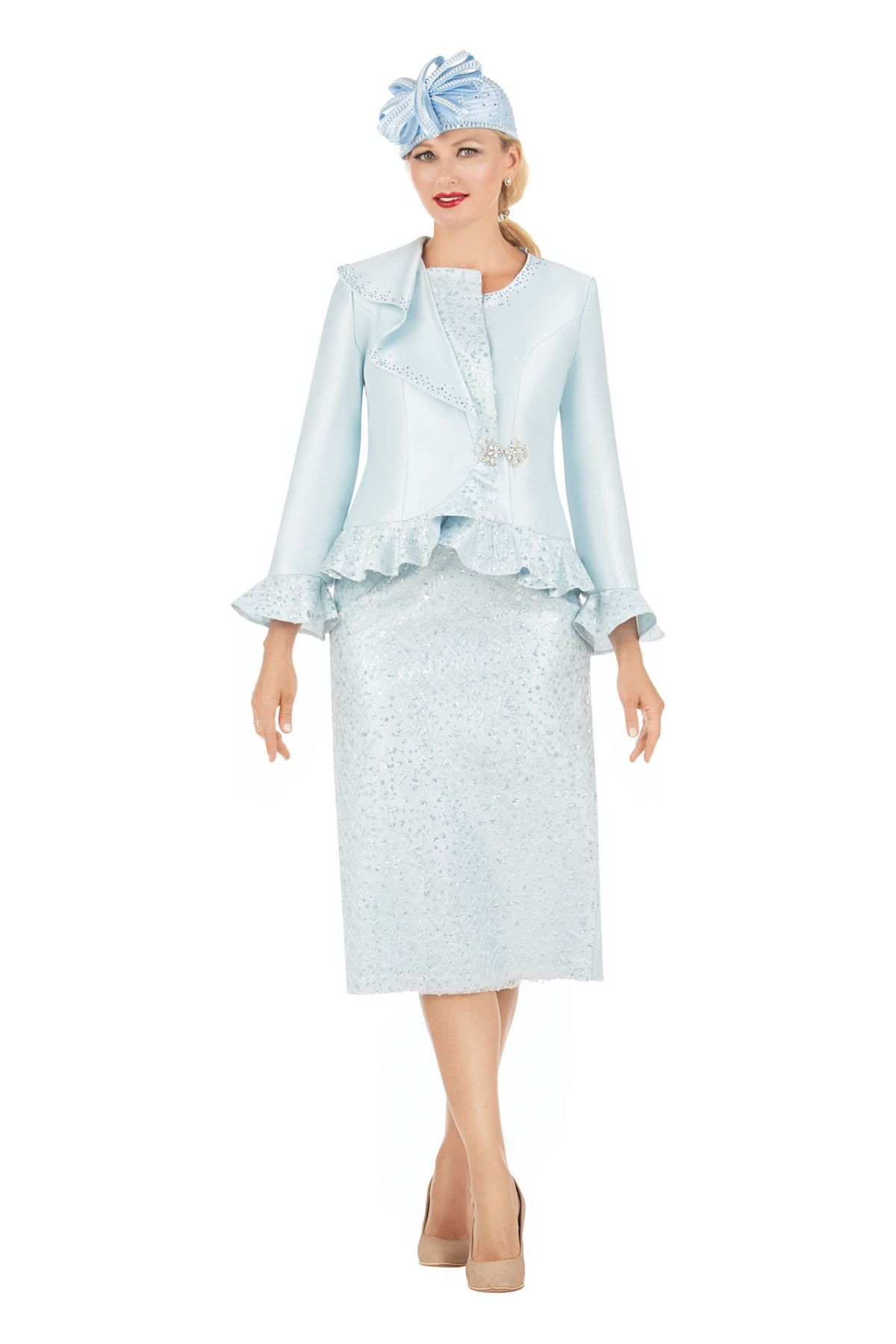 2-piece Silky Twill Skirt Suit with Ruffles & Sequined Lace