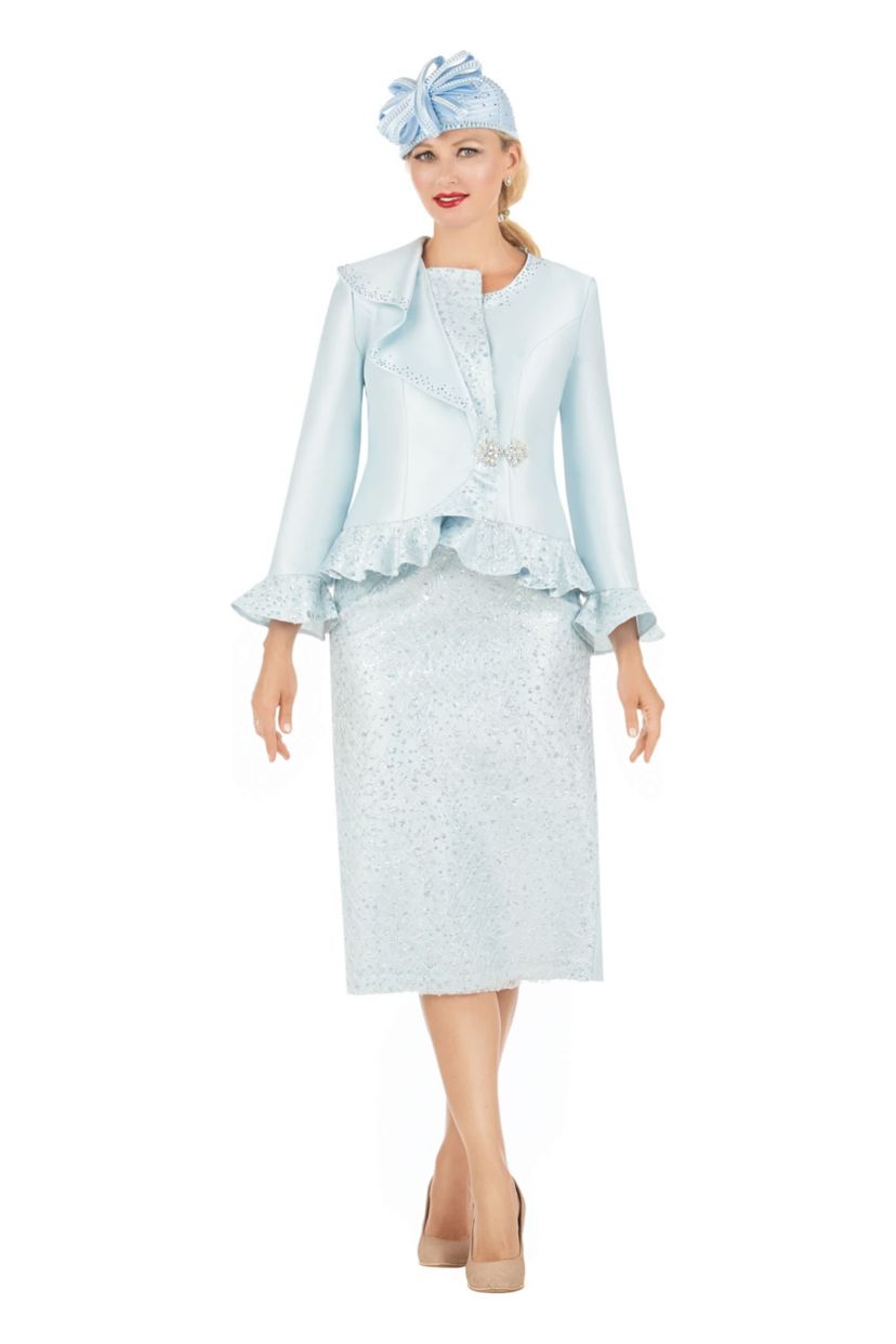 2-piece Silky Twill Skirt Suit with Ruffles & Sequined Lace