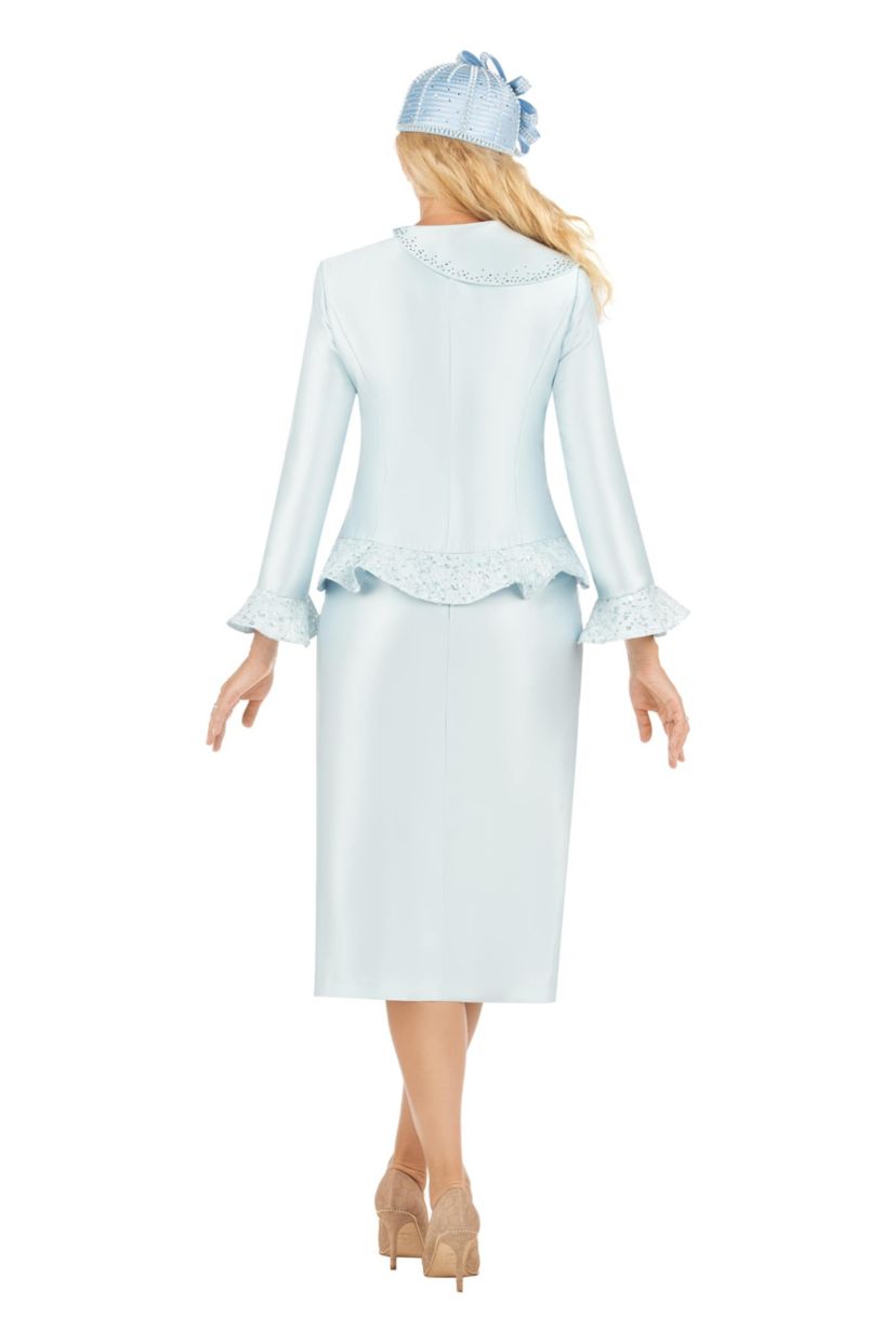 2-piece Silky Twill Skirt Suit with Ruffles & Sequined Lace