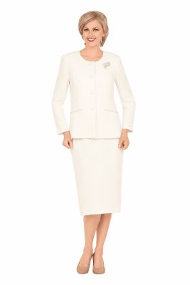 Giovanna Women's 2-piece Collarless 4-button Skirt Suit with Brooch, White, 26W