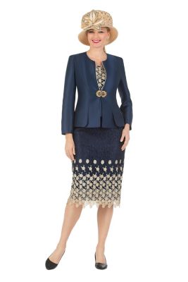 Giovanna Women's 3-piece Silk Twill/Lace Combo Two-tone Skirt Suit, Navy Blue, 26 W