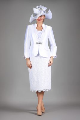 Giovanna Women's 3-piece Silky Twill&Luxurious Lace Combo Skirt Suit, White, 24