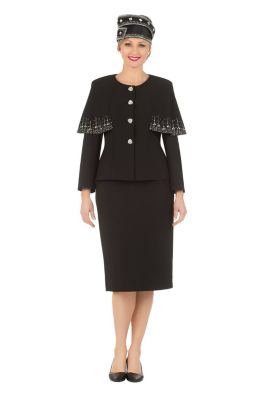 Giovanna Women's 2-piece Faux Cape Skirt Suit with Rhinestones Décor, Black, 16