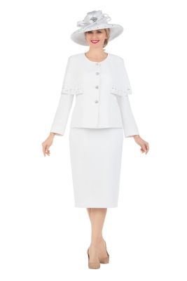 Giovanna Women's 2-piece Faux Cape Skirt Suit with Rhinestones Décor, White, 18