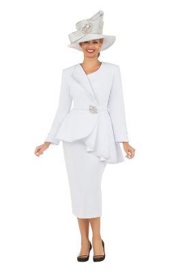 Giovanna Women's 2-piece Light Scuba Uneven Peplum Jacket & Skirt Suit with Rhinestone Décor, White, 24