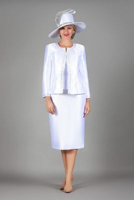 Giovanna Women's 3-piece Silky Twill Skirt Suit with Meteoric Stones, White, 18