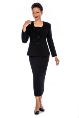Giovanna Women's 2-piece Shoulder Bow Skirt Suit in Crepe, Black, 18