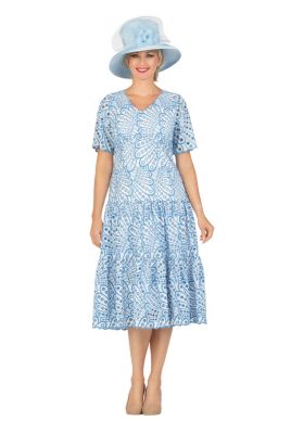Giovanna Women's V-neck Short Sleeve Cotton Blend A-line Tiered Eyelet Dress
