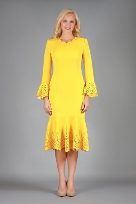 Giovanna Women's Light Scuba Dress with Scallop Neckline, Cutouts & Stones, Yellow, 24