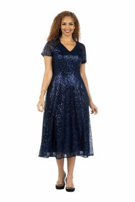 Giovanna Women's V-neck Short Sleeve A-line Dress in Sequined Lace, Navy Blue, 22