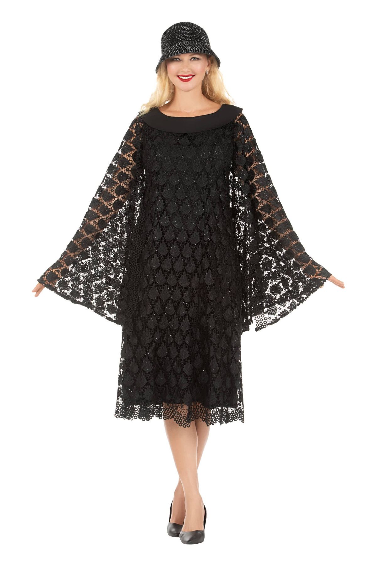 Luxurious Sequined Lace Shift Dress with Faux Cape and Rounded Lapel Collar