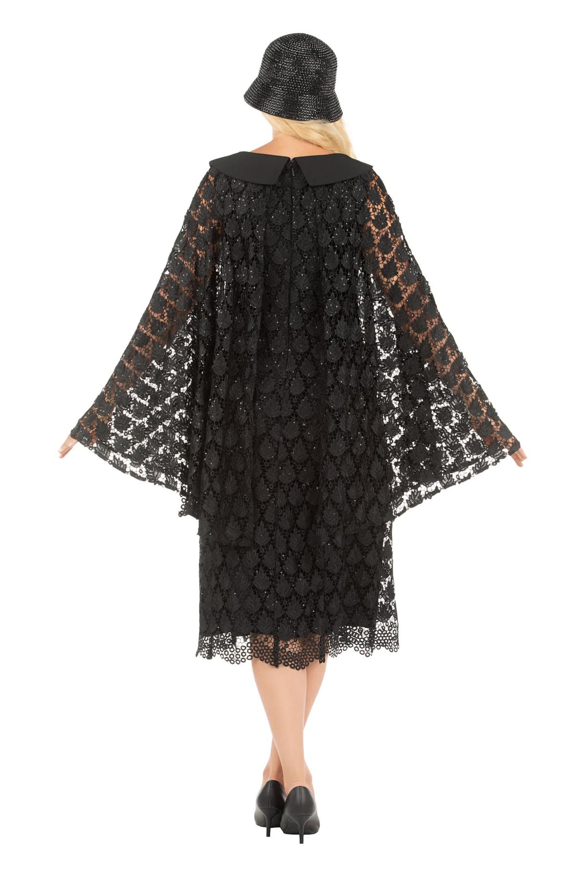 Luxurious Sequined Lace Shift Dress with Faux Cape and Rounded Lapel Collar