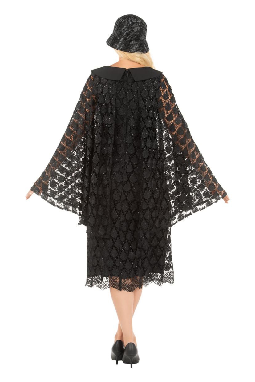 Luxurious Sequined Lace Shift Dress with Faux Cape and Rounded Lapel Collar