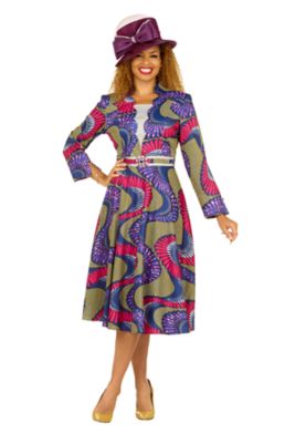 Giovanna Women's A-line LS Print Dress w/ Waistline Detail&Brooch