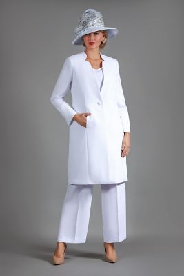 Giovanna Women's Classic Longline Jacket 3-Piece Pants Suit Set, White, 18 W