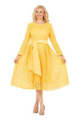 Giovanna Women's Elegant Bloom Eyelet Lace Fit & Flare Belted Dress, Yellow, 18