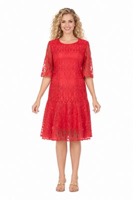 Giovanna Women's Ornate Lace Fit-and-Flare Midi Dress, Red, 18