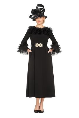 Giovanna Women's Belted A-line Dress in Stretch Crepe & Organza, Black, 24 W