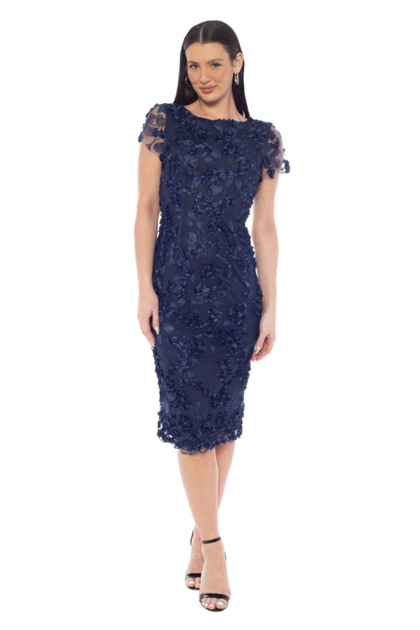 green emerald velvet dress Pink Cap Sleeve Sheath Midi Dress With Floral Beading main image 0