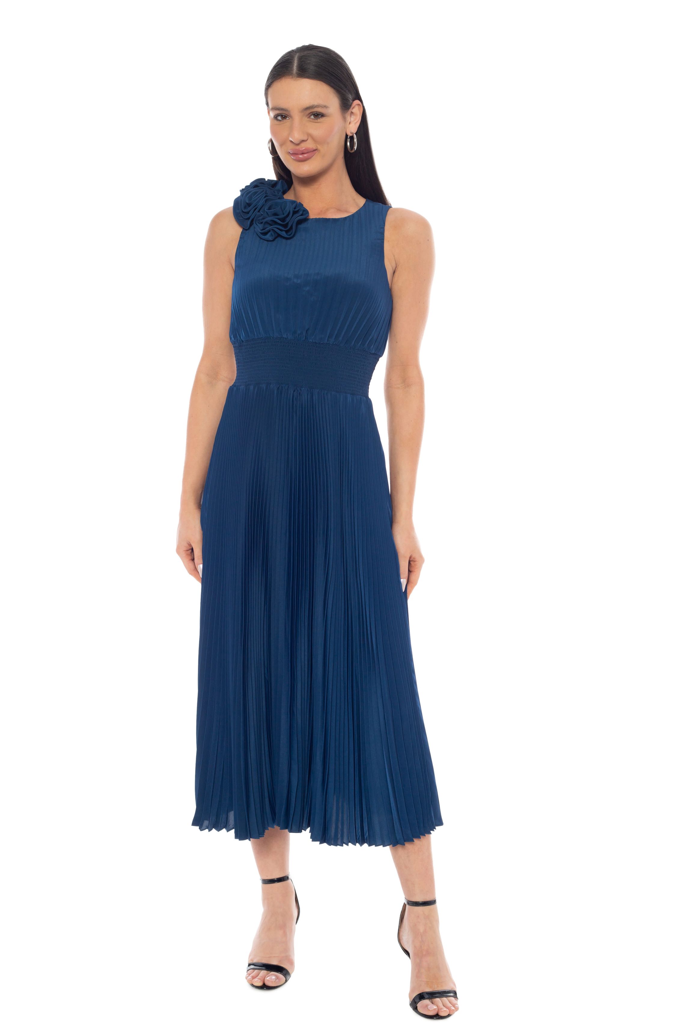 Oleg Cassini Women's Rosette Pleated Midi Dress, Navy Blue, Large
