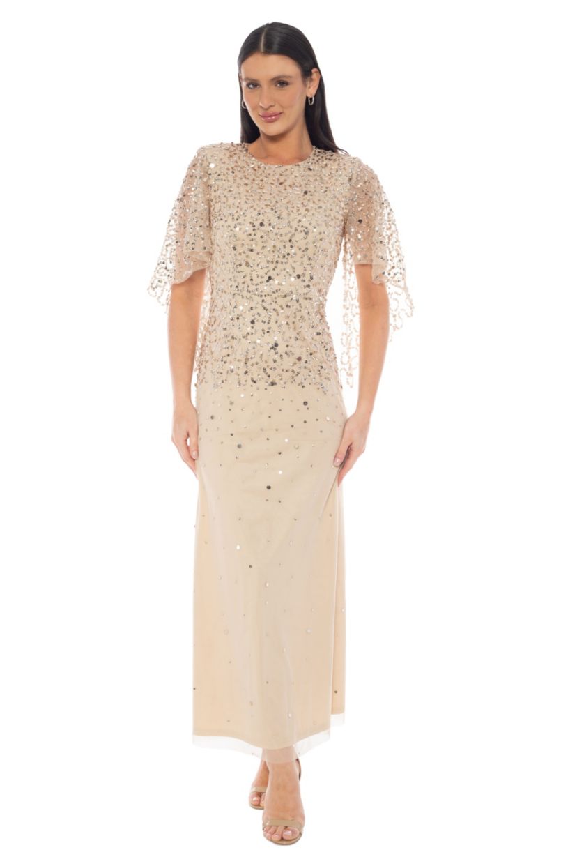 Oleg Cassini Beaded All Over Flutter Sleeve Gown | Belk