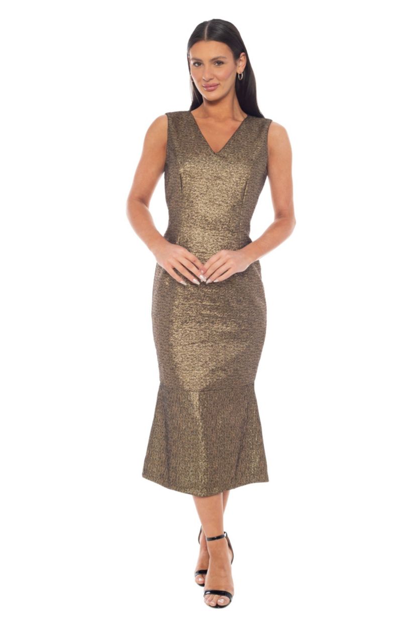 Oleg Cassini Women's Brocade V-Neck Slim Midi Dress, Gold, Small