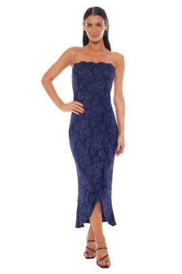 Oleg Cassini Women's Strapless Scallop Neck Wrap Lace Midi Dress, Navy Blue, Medium