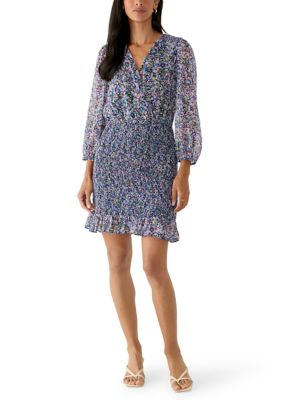 BCBG Women's Long Sleeve Printed Chiffon Bodycon Dress, Blue, 2