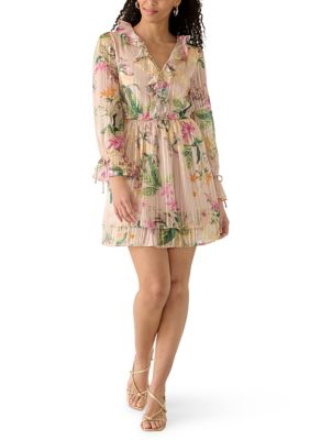 BCBG Women's Long Sleeve Printed Chiffon A-Line Dress, 2