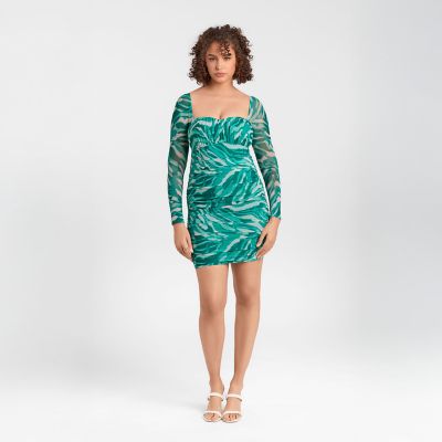 S3 Apparel Women's Sculpting Shapewear Shirred Mesh Sweetheart Long Sleeve Mini Dress, XXL