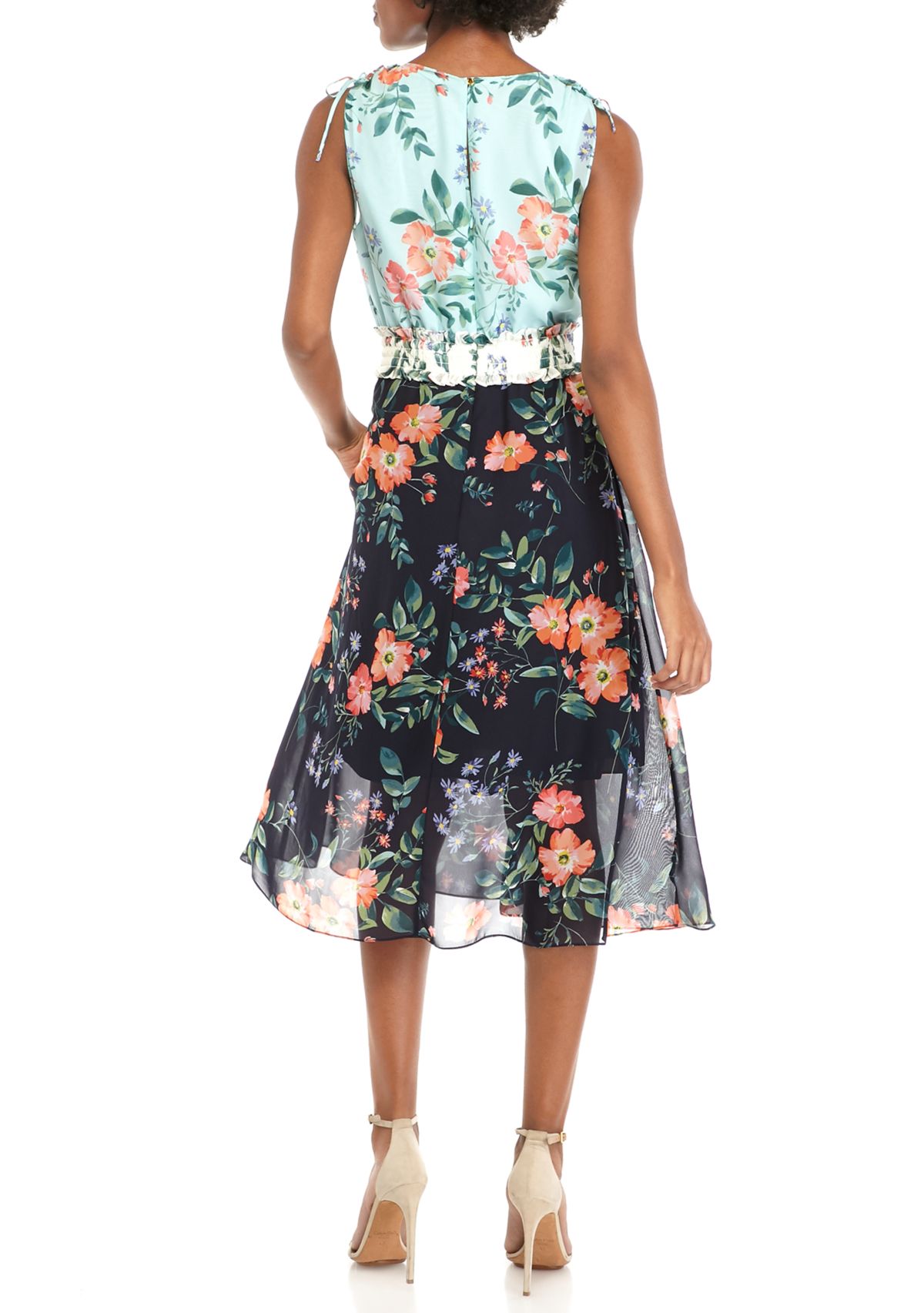 Womens Sleeveless Smocked Waist Printed Chiffon Dress