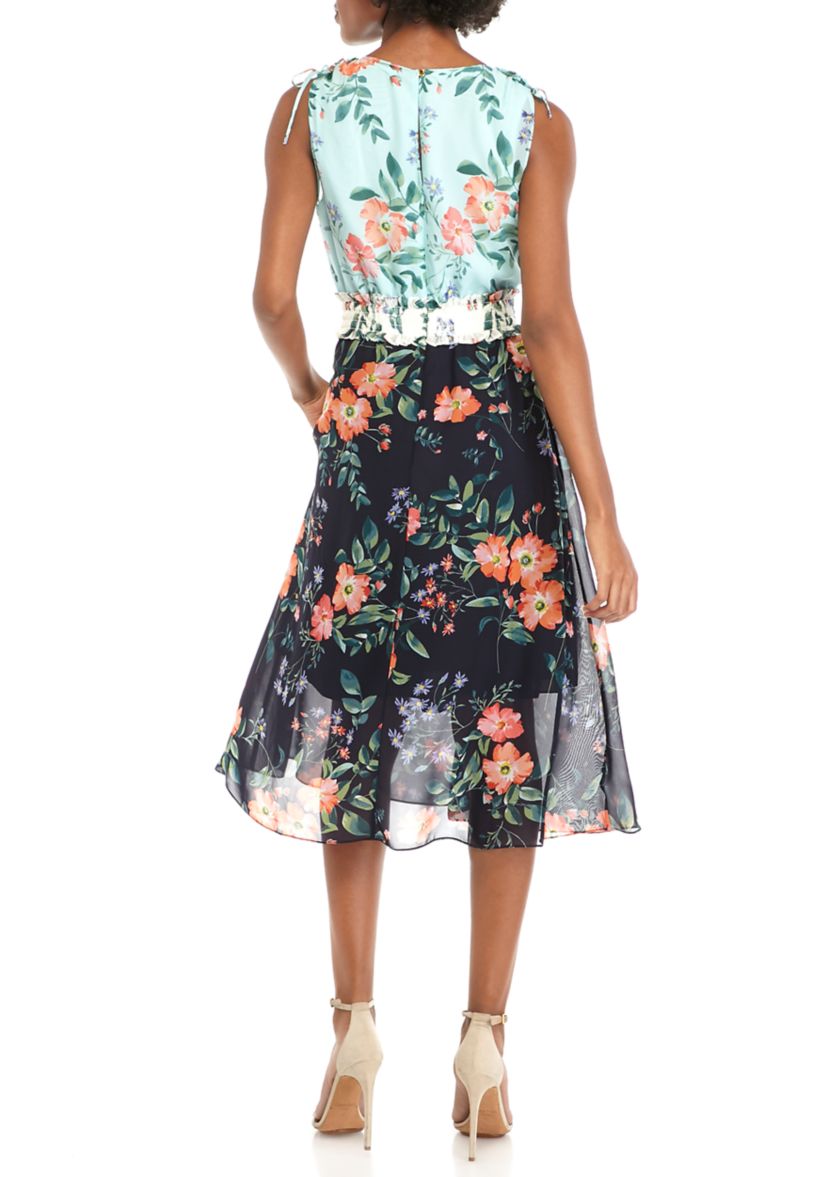 Womens Sleeveless Smocked Waist Printed Chiffon Dress