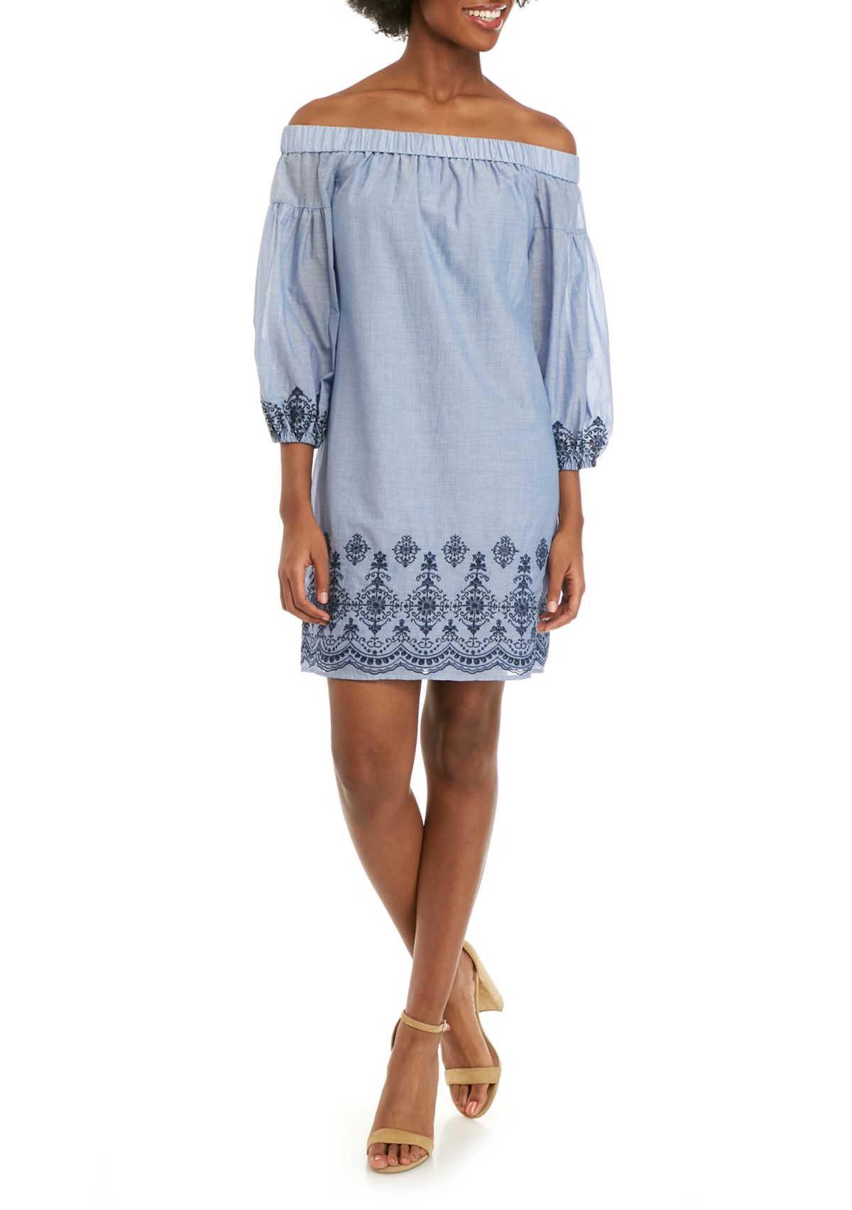 Womens Off the Shoulder Denim Embroidered Hem Dress