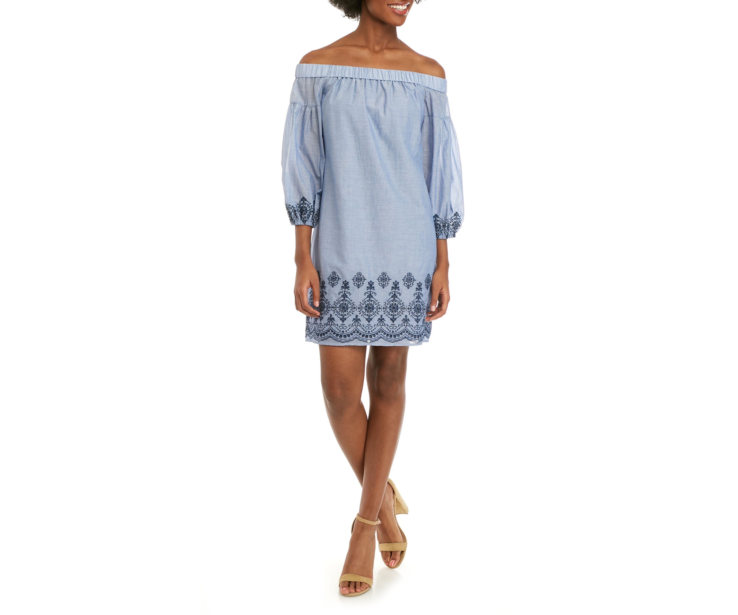 Womens Off the Shoulder Denim Embroidered Hem Dress