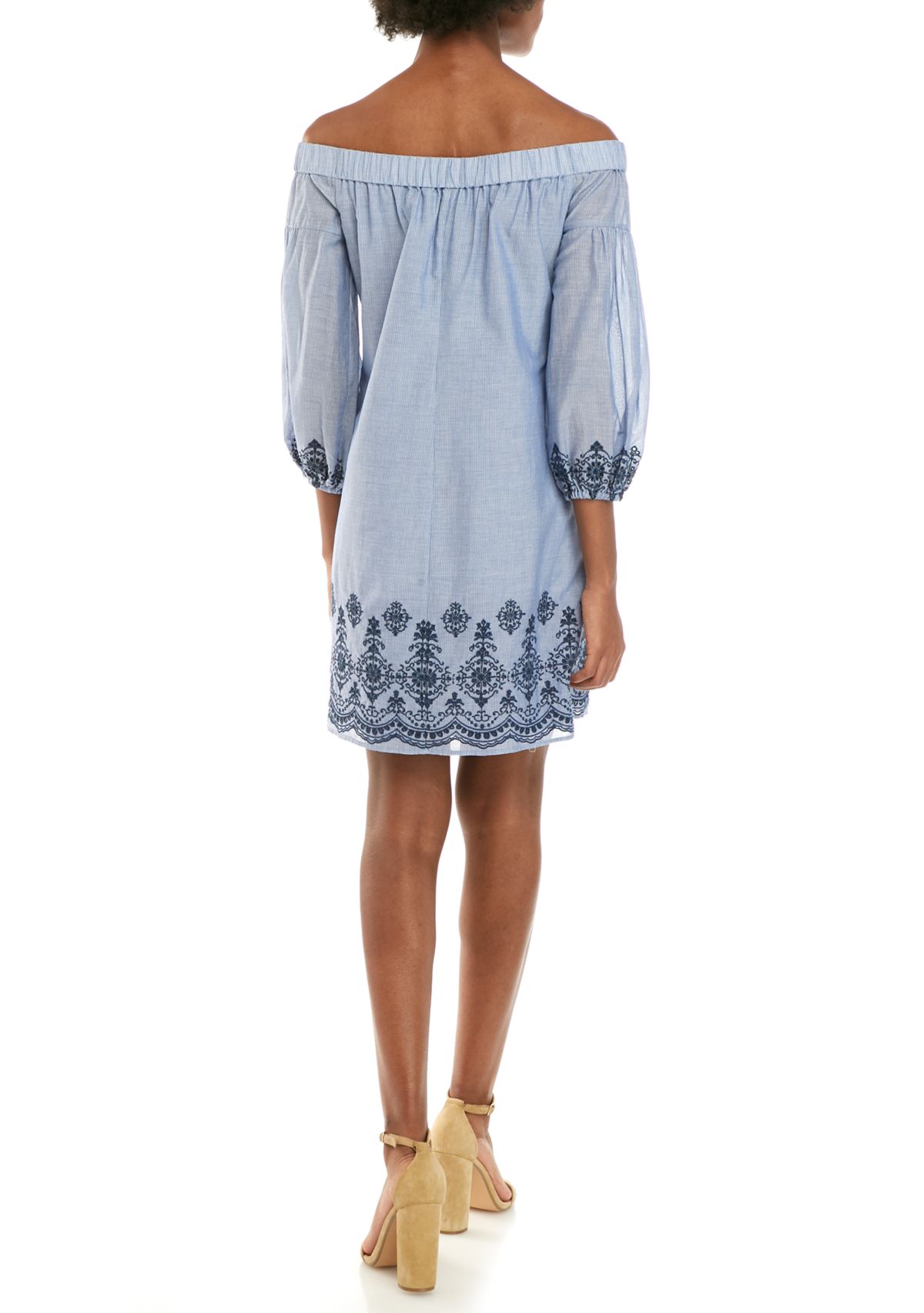 Womens Off the Shoulder Denim Embroidered Hem Dress