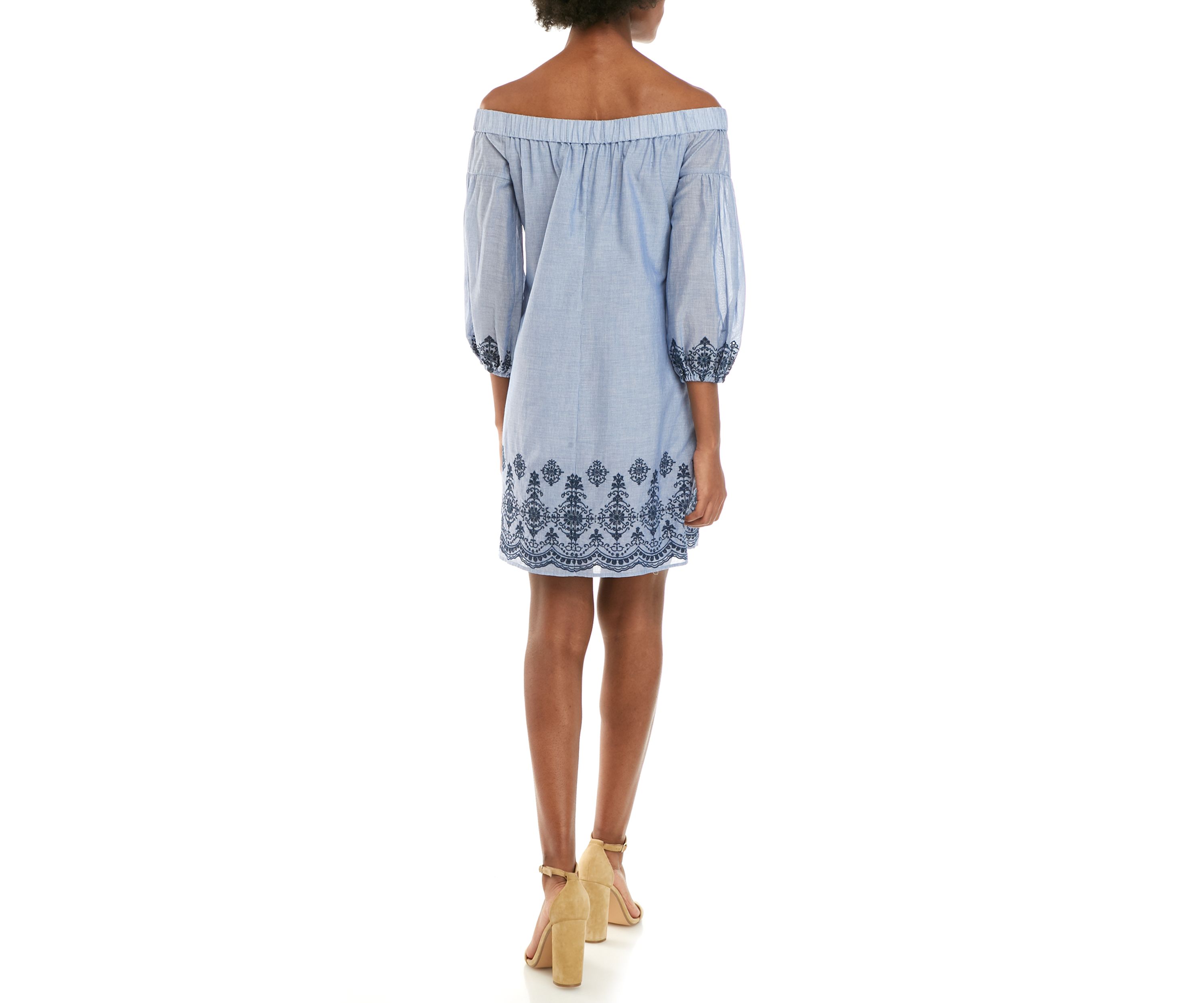 Womens Off the Shoulder Denim Embroidered Hem Dress