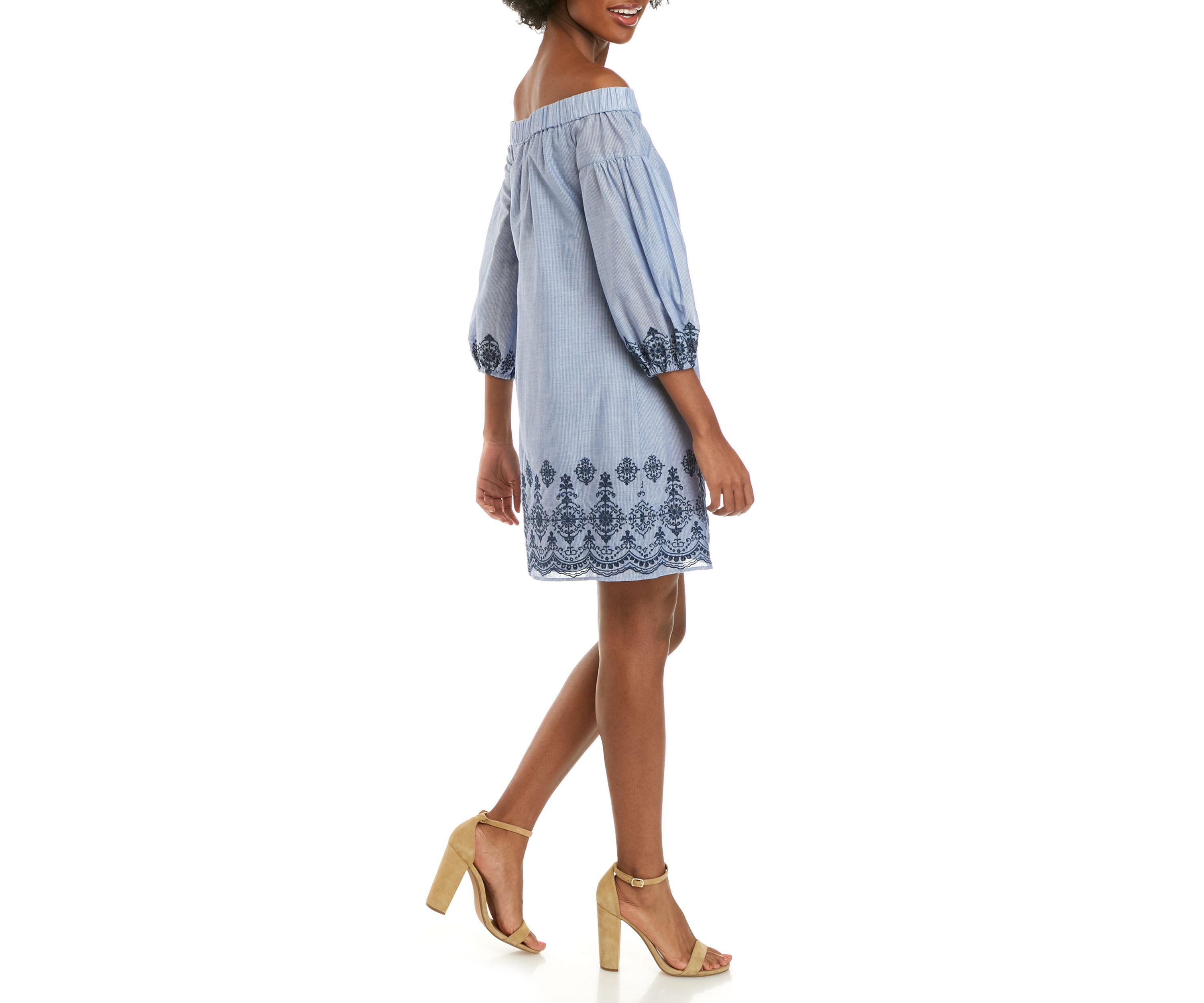Womens Off the Shoulder Denim Embroidered Hem Dress