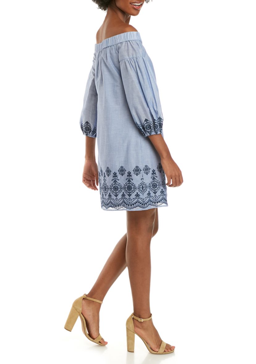 Womens Off the Shoulder Denim Embroidered Hem Dress