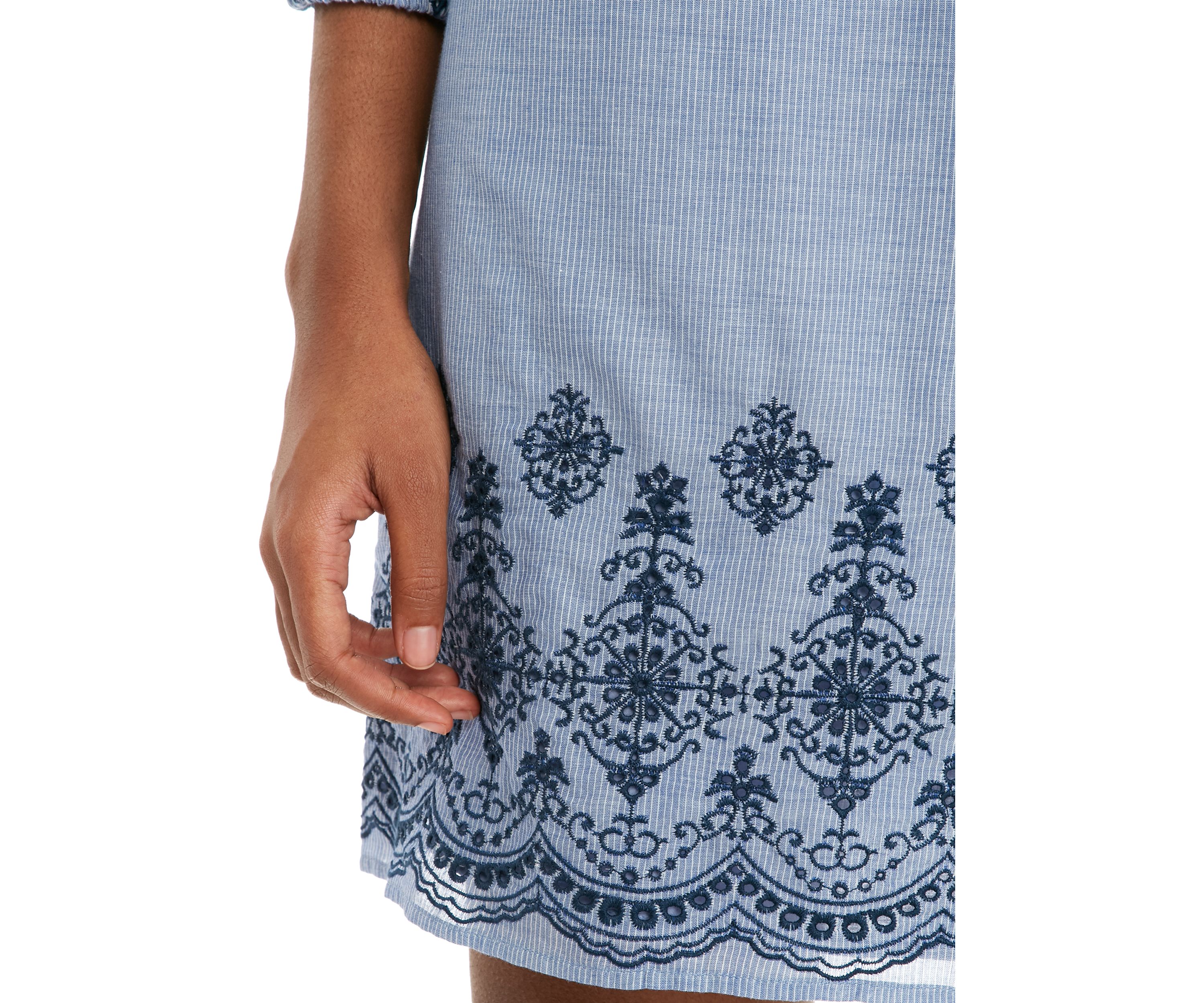 Womens Off the Shoulder Denim Embroidered Hem Dress