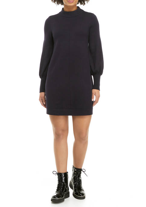 Womens Mock Neck Shift Dress with Puff Sleeves 