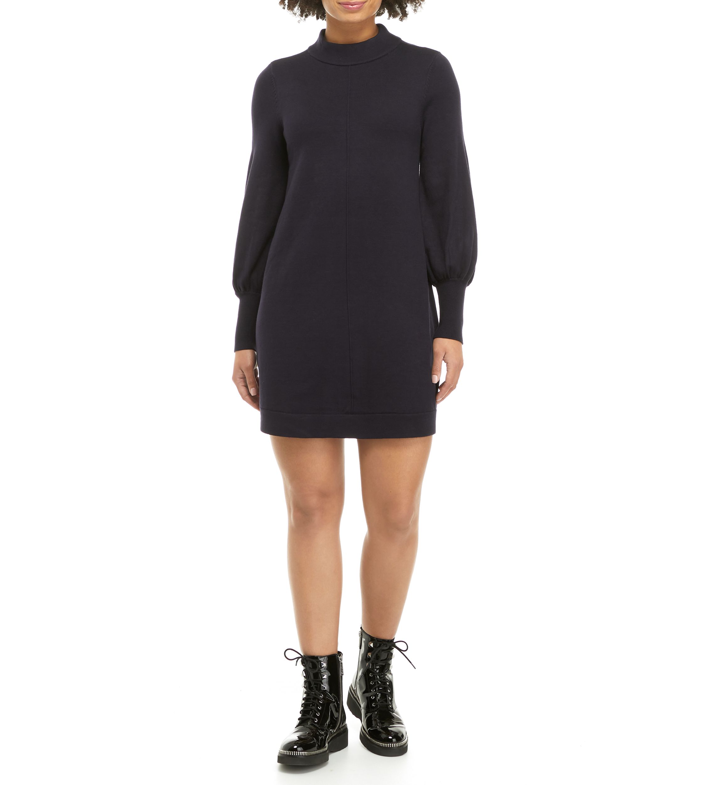 Womens Mock Neck Shift Dress with Puff Sleeves 