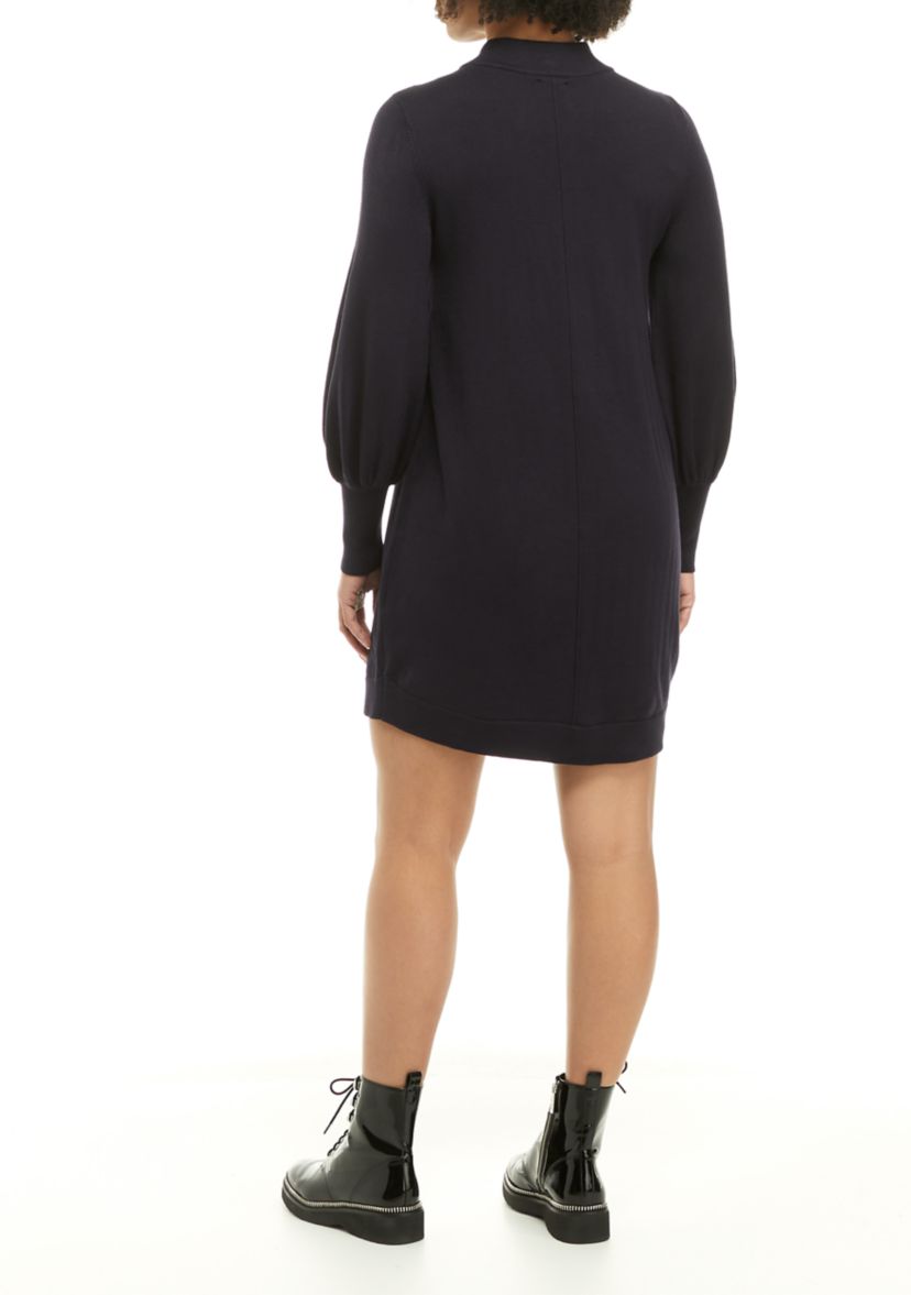 Womens Mock Neck Shift Dress with Puff Sleeves 