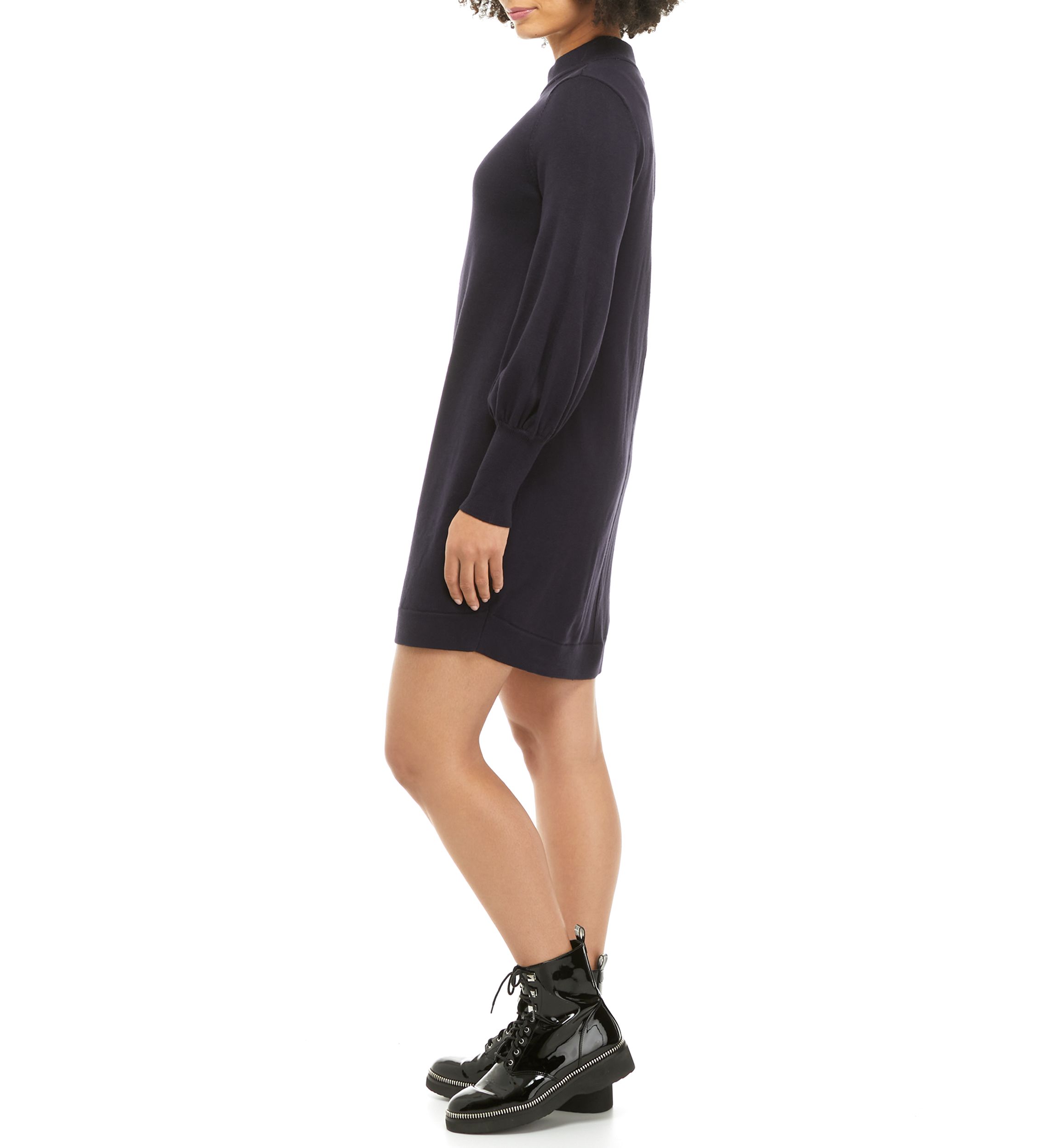 Womens Mock Neck Shift Dress with Puff Sleeves 