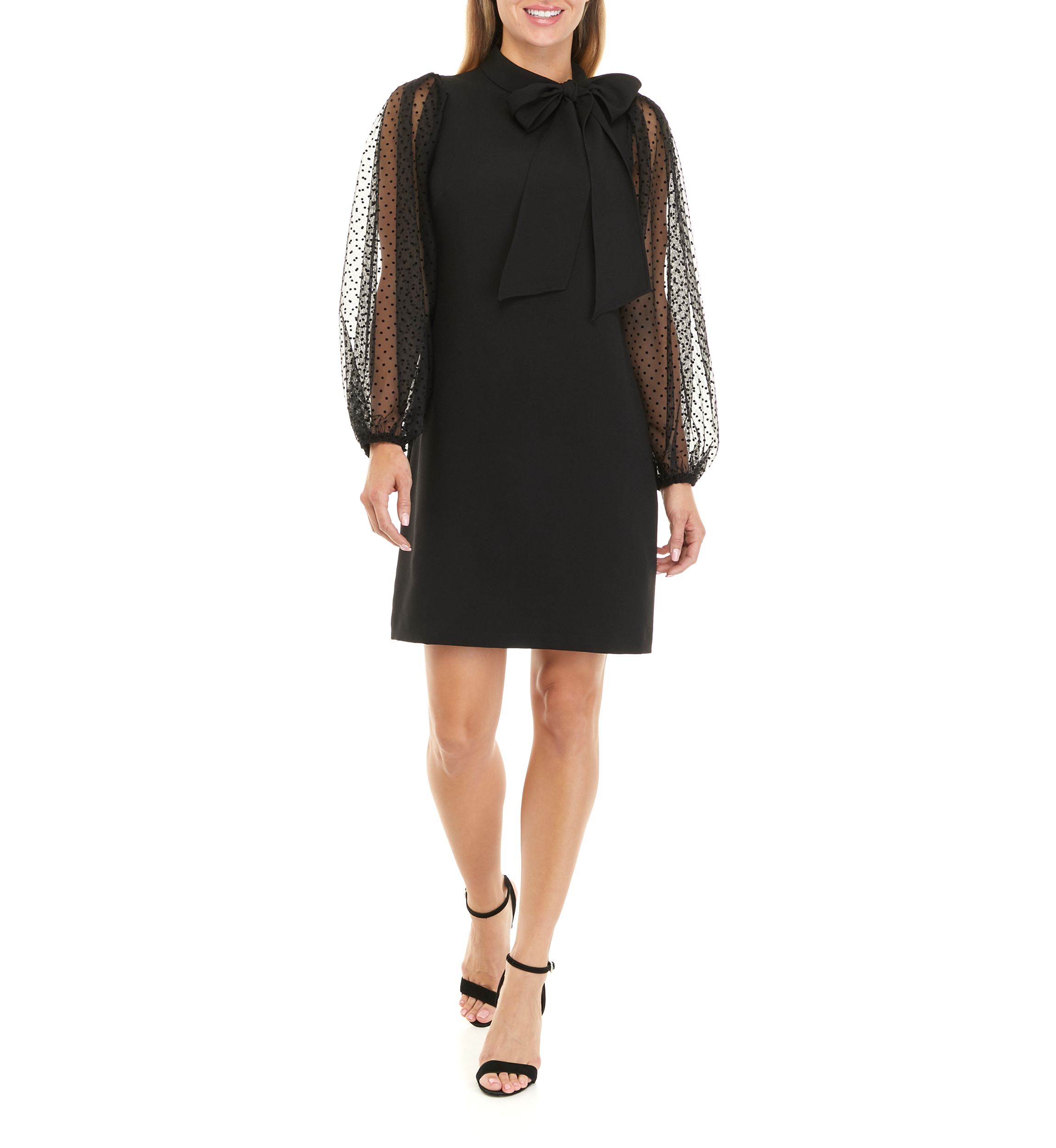 Womens Signature Stretch Crepe Bow Neck Shift Dress with Flock Mesh Dot Sleeves