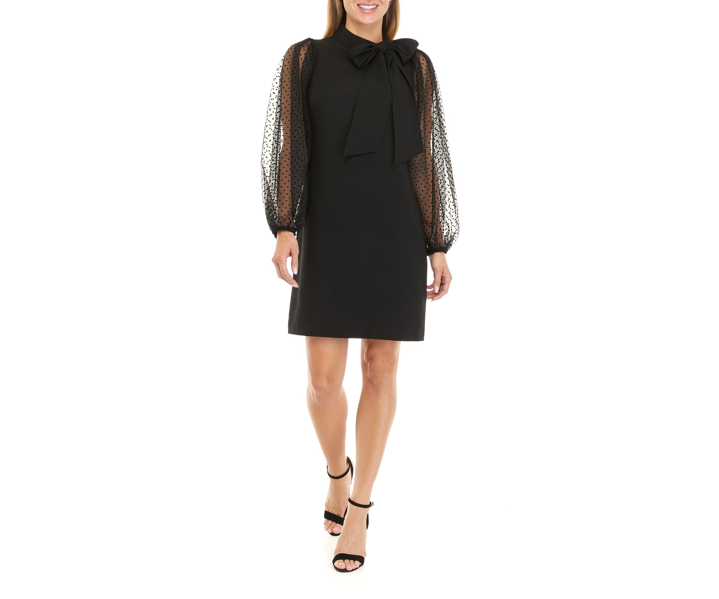 Womens Signature Stretch Crepe Bow Neck Shift Dress with Flock Mesh Dot Sleeves